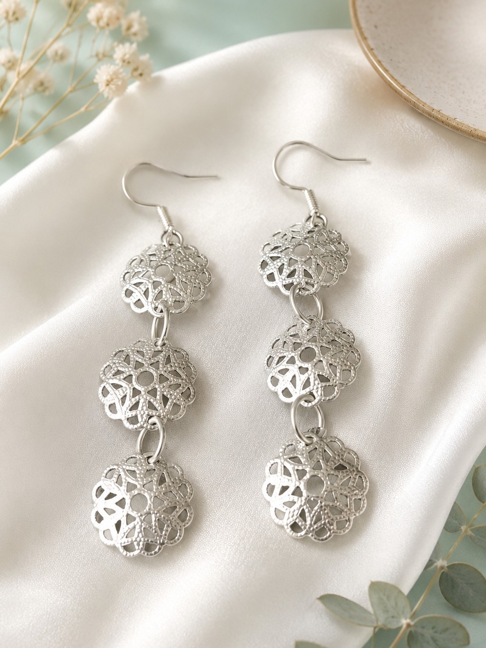 Triple Drop Filigree Dangle Earrings - Silver Women's Jewelry